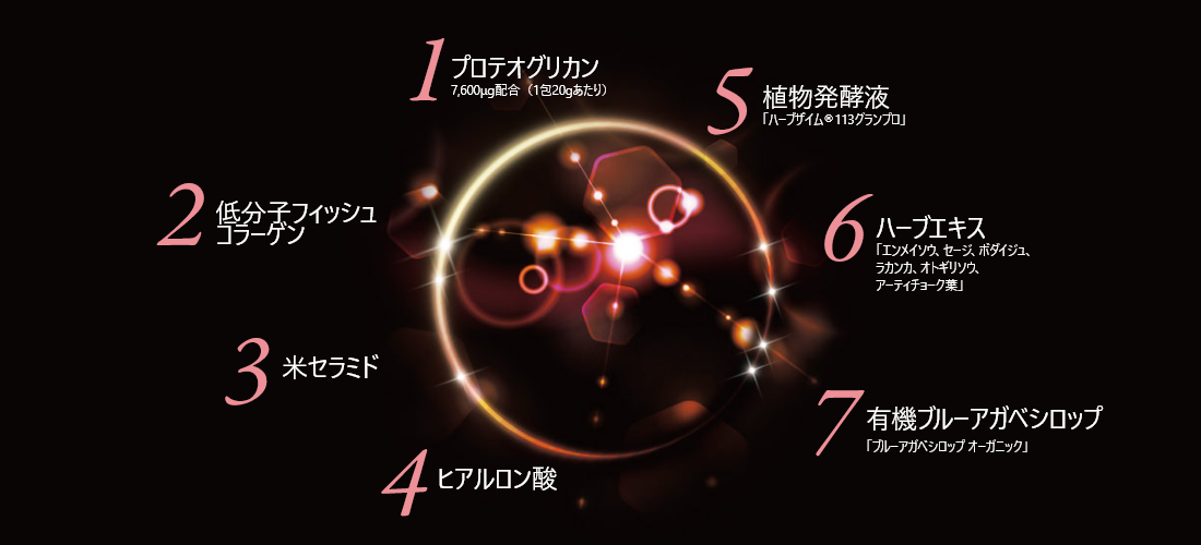 1プロテオグリカン
2低分子フィッシュコラーゲン
3米セラミド
4ヒアルロン酸
5植物発酵液
6ハーブエキス
7有機ブルーアガベシロップ