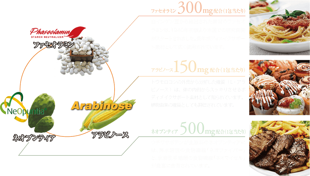 「ファセオラミン」300mg配合（一包当たり） ／ 「アラビノース」150mg配合（一包当たり） ／ 「ネオプンティア」500mg配合（一包当たり）